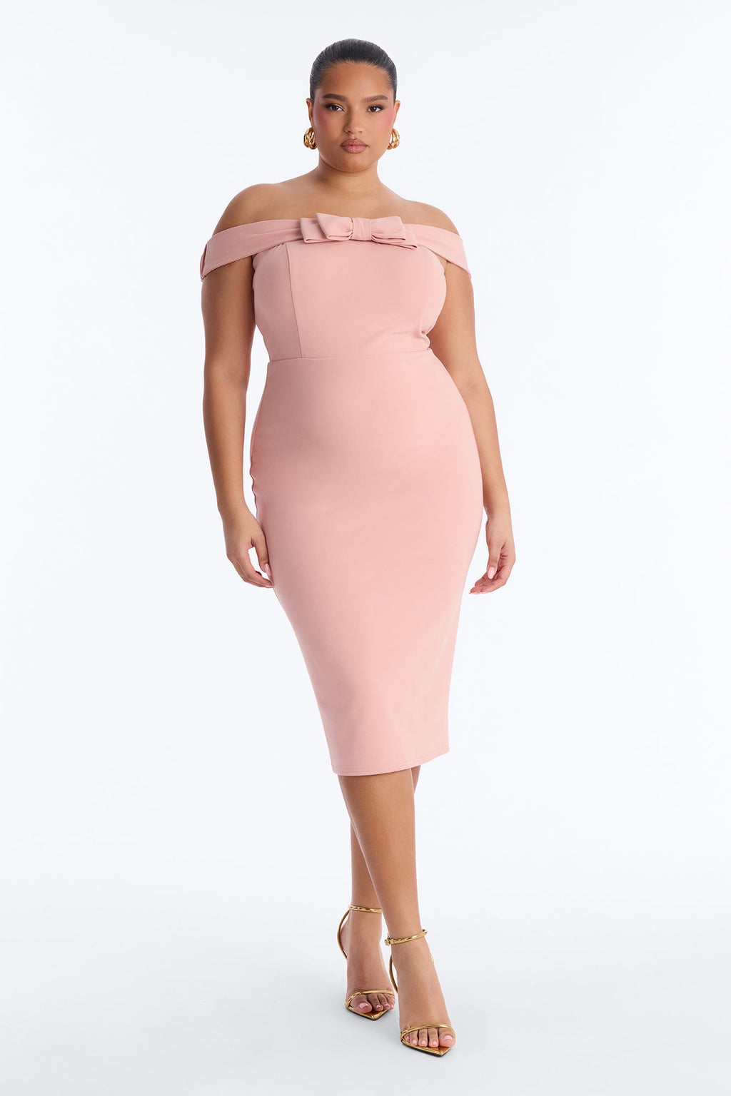 Anabella Off Shoulder Bow Midi Dress - Pink