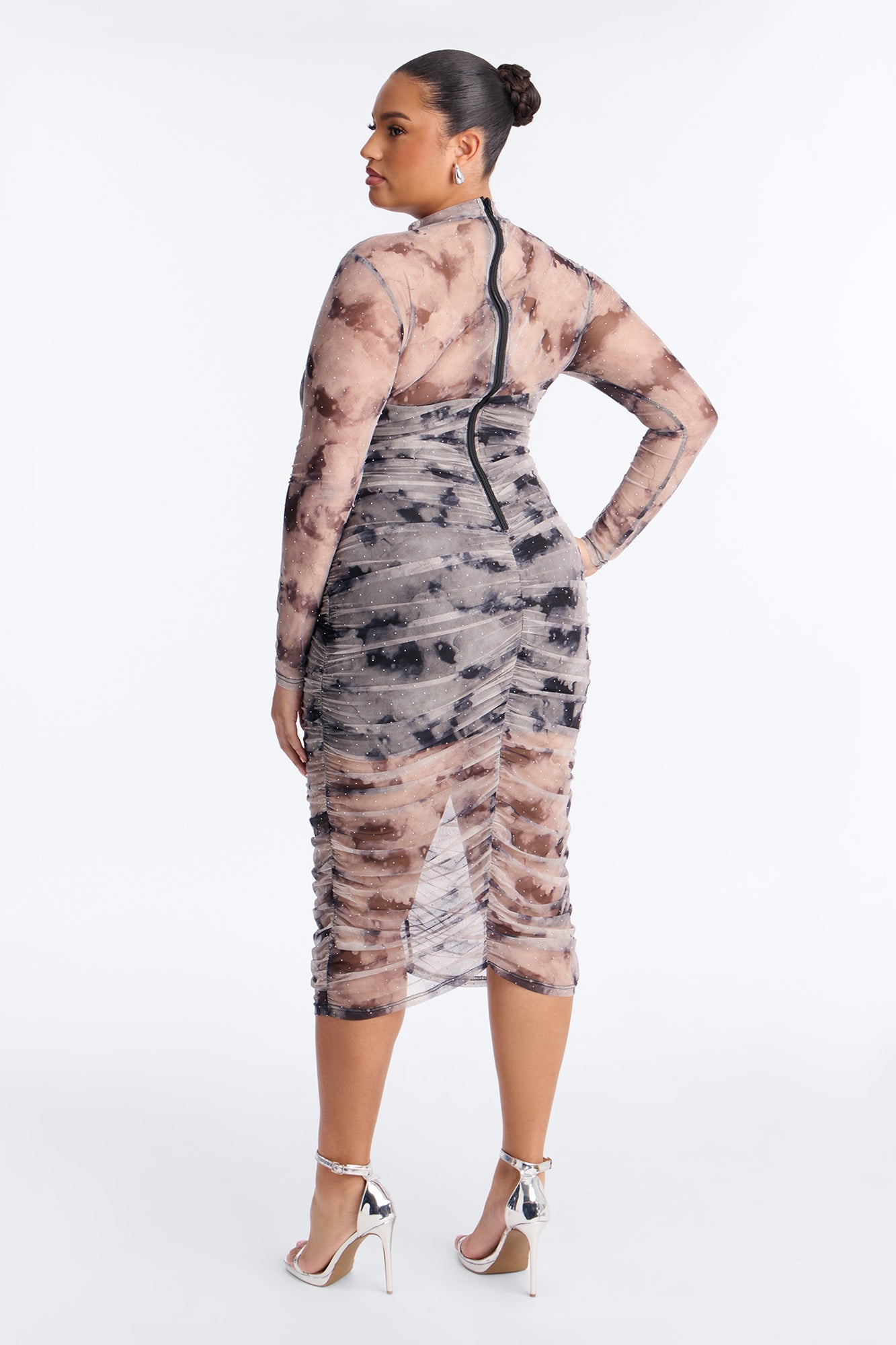 Hollie Rhinestone Mesh Midi Dress - Grey