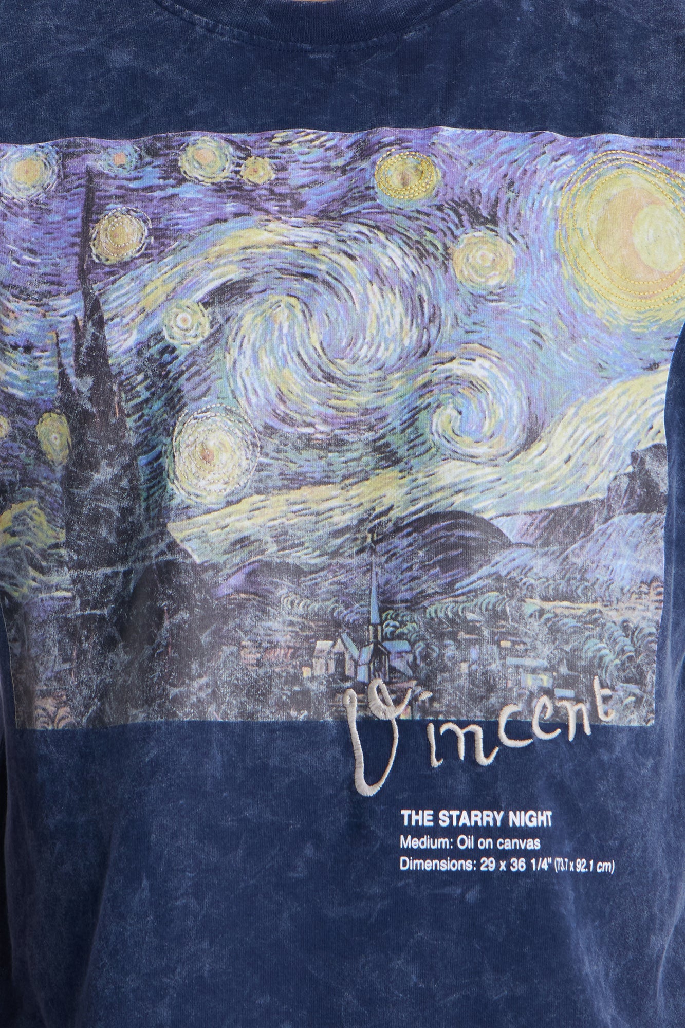 Vincent Van Gogh Starry Night Embroidered Mineral Wash Fleece Tee - Navy