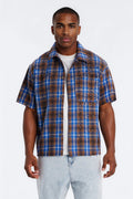Jeweled Plaid Raw Hem Button Up Shirt - Blue
