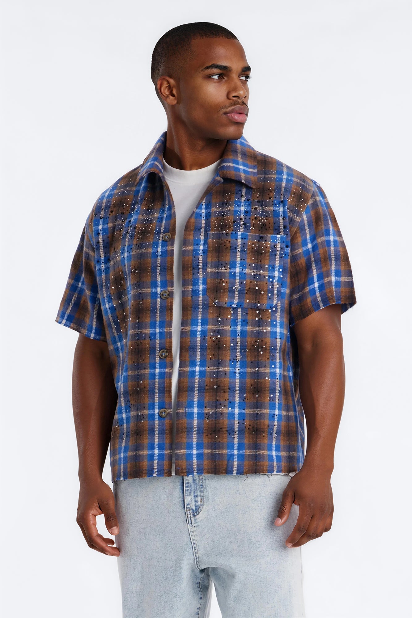 Jeweled Plaid Raw Hem Button Up Shirt - Blue