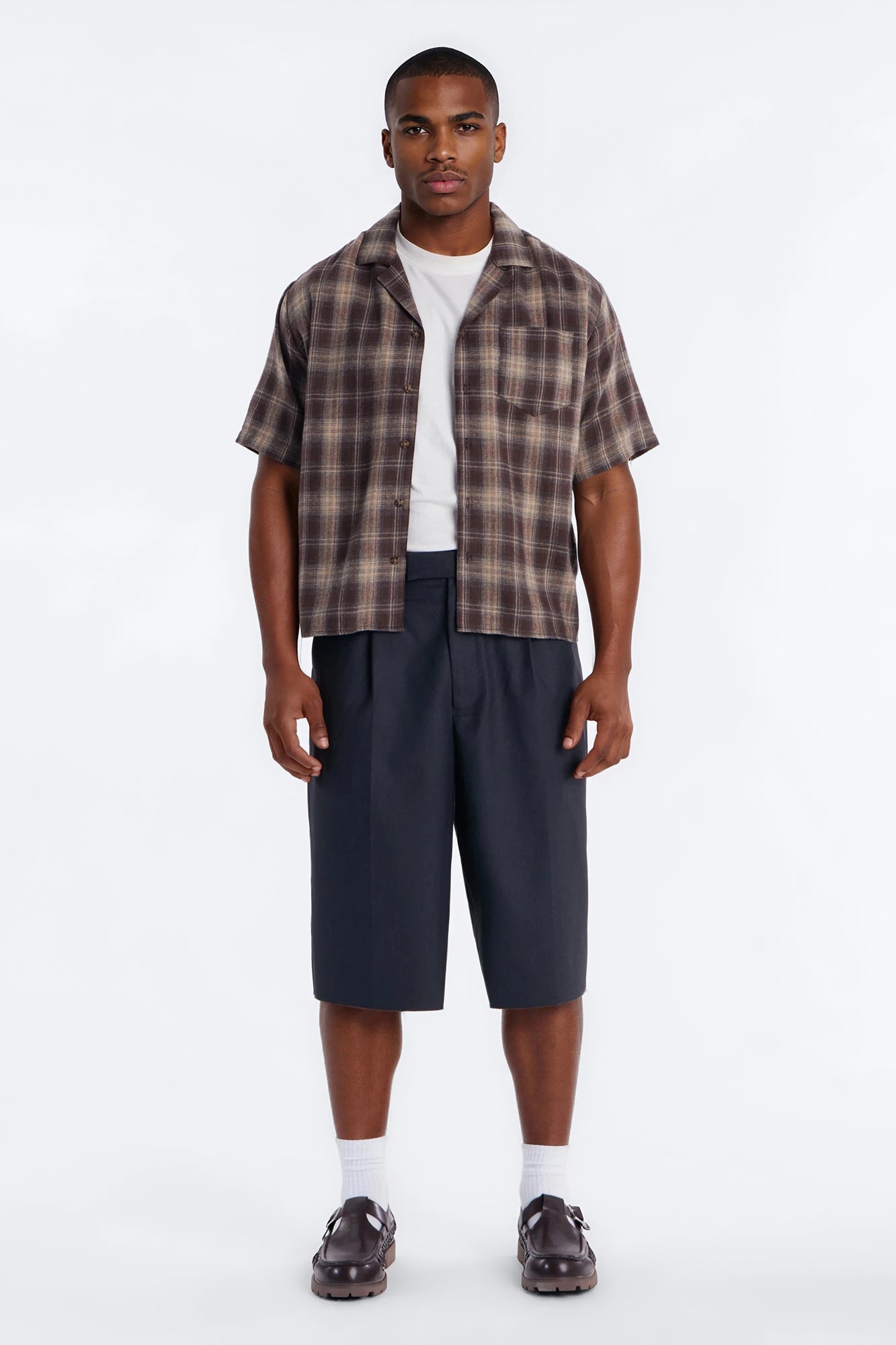 Your Weekend Plaid Cuban Collar Button Up Shirt - Brown