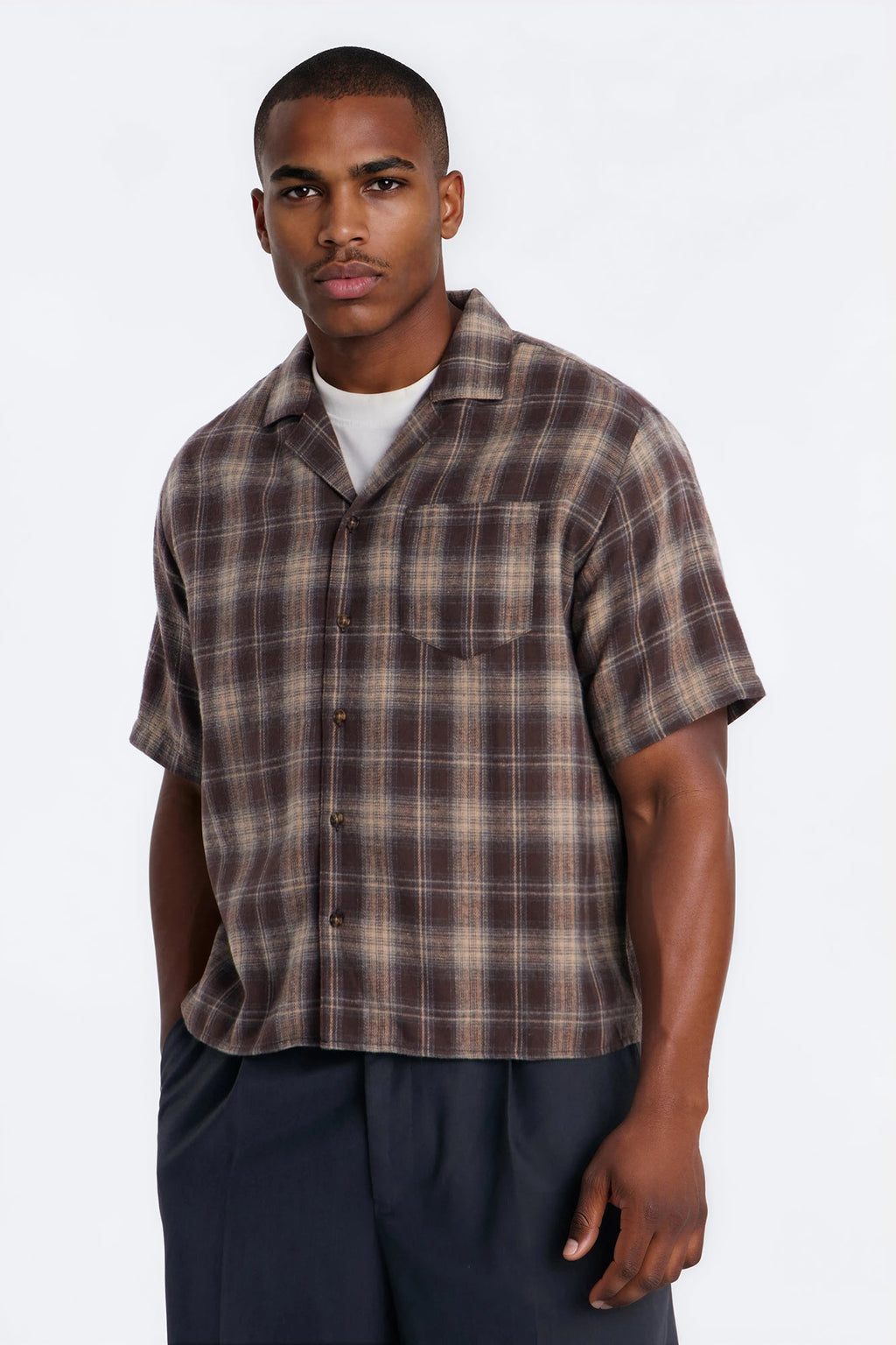 Your Weekend Plaid Cuban Collar Button Up Shirt - Brown