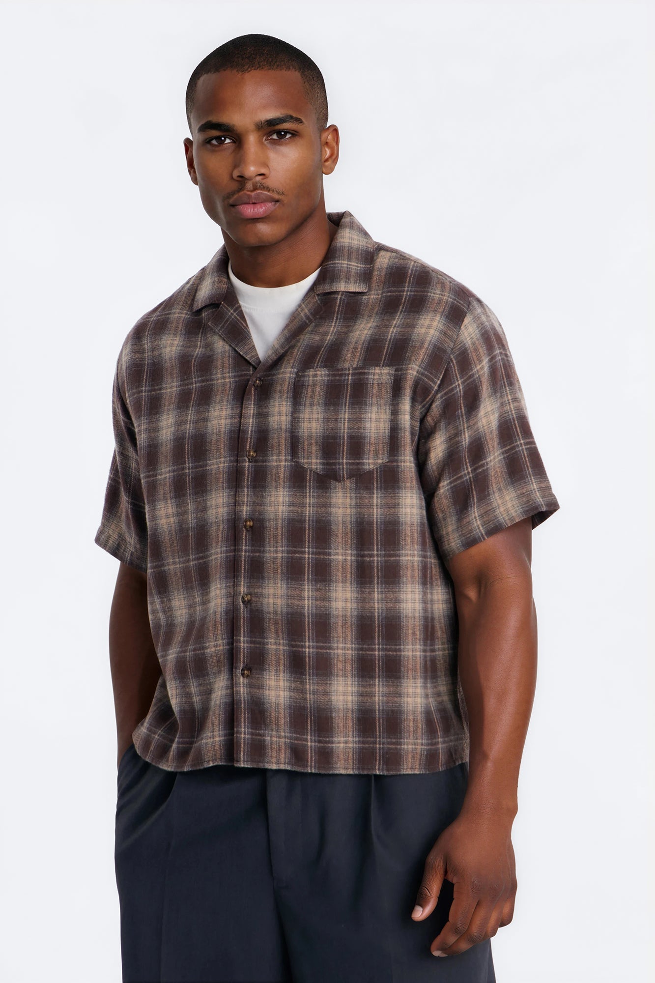 Your Weekend Plaid Cuban Collar Button Up Shirt - Brown