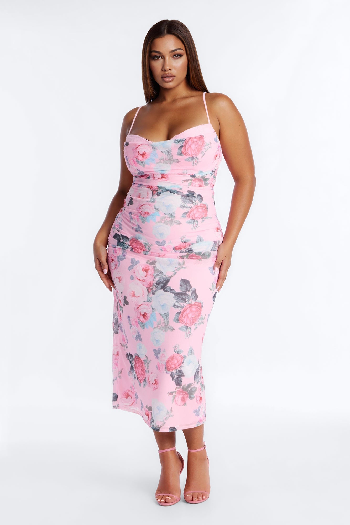 Grace Ruched Floral Mesh Midi Dress - Pink/combo