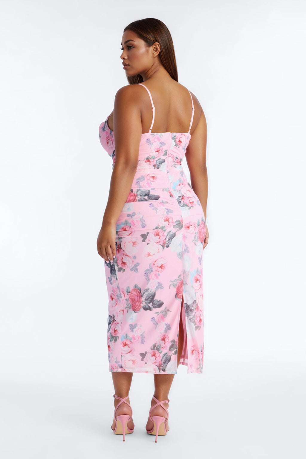 Grace Ruched Floral Mesh Midi Dress - Pink/combo