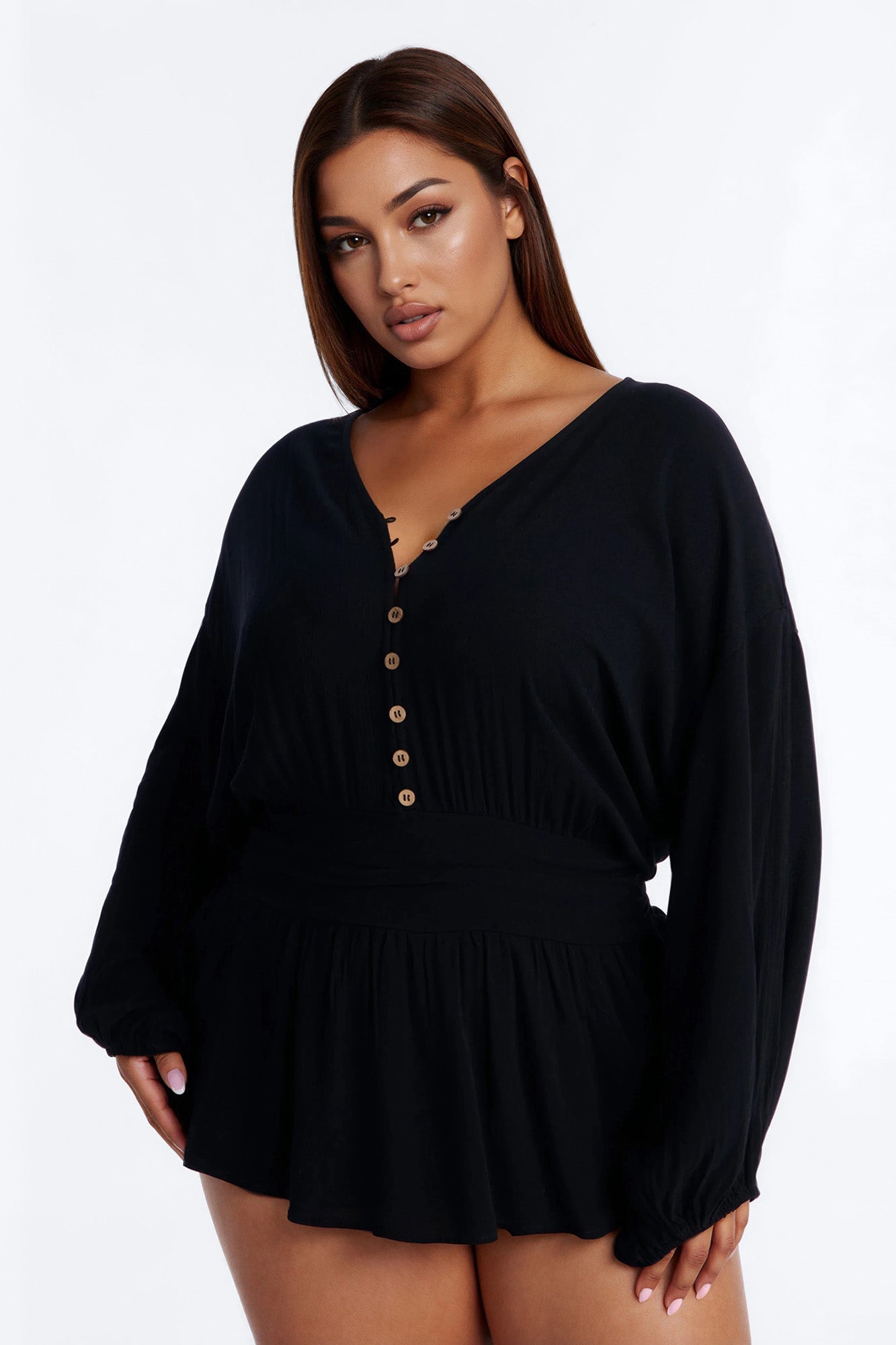 Layna Long Sleeve Flowy Romper - Black