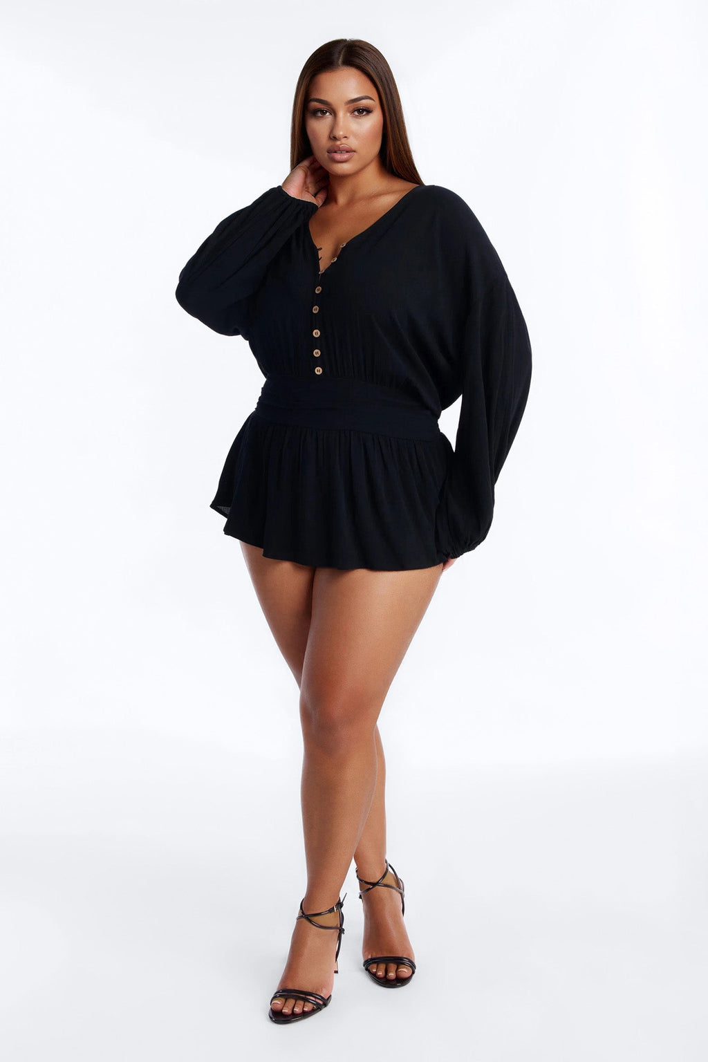 Layna Long Sleeve Flowy Romper - Black