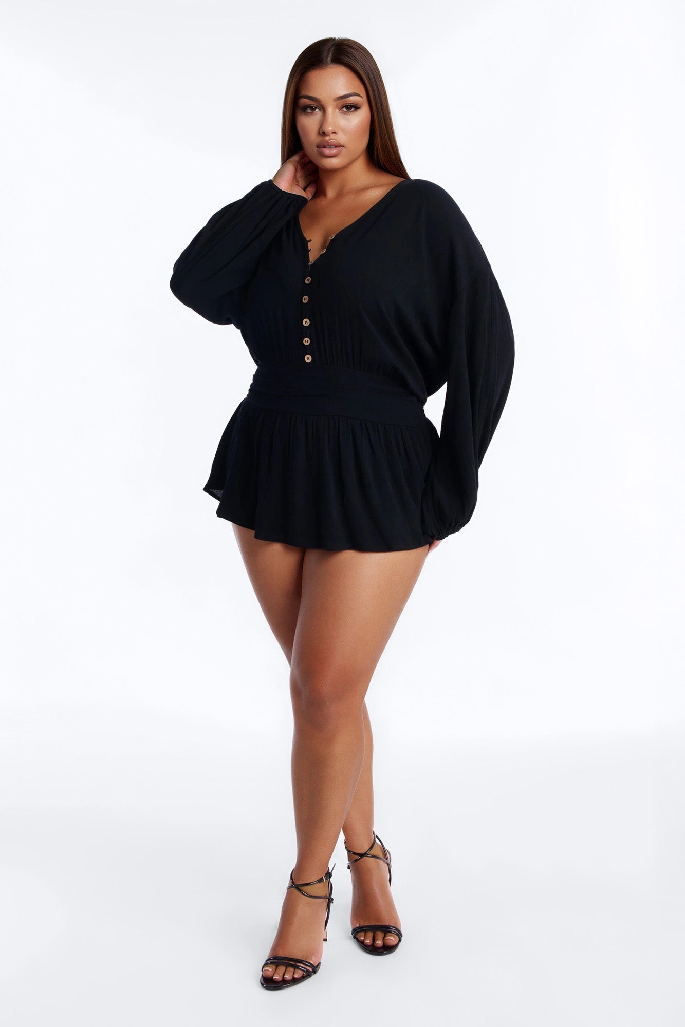 Layna Long Sleeve Flowy Romper - Black