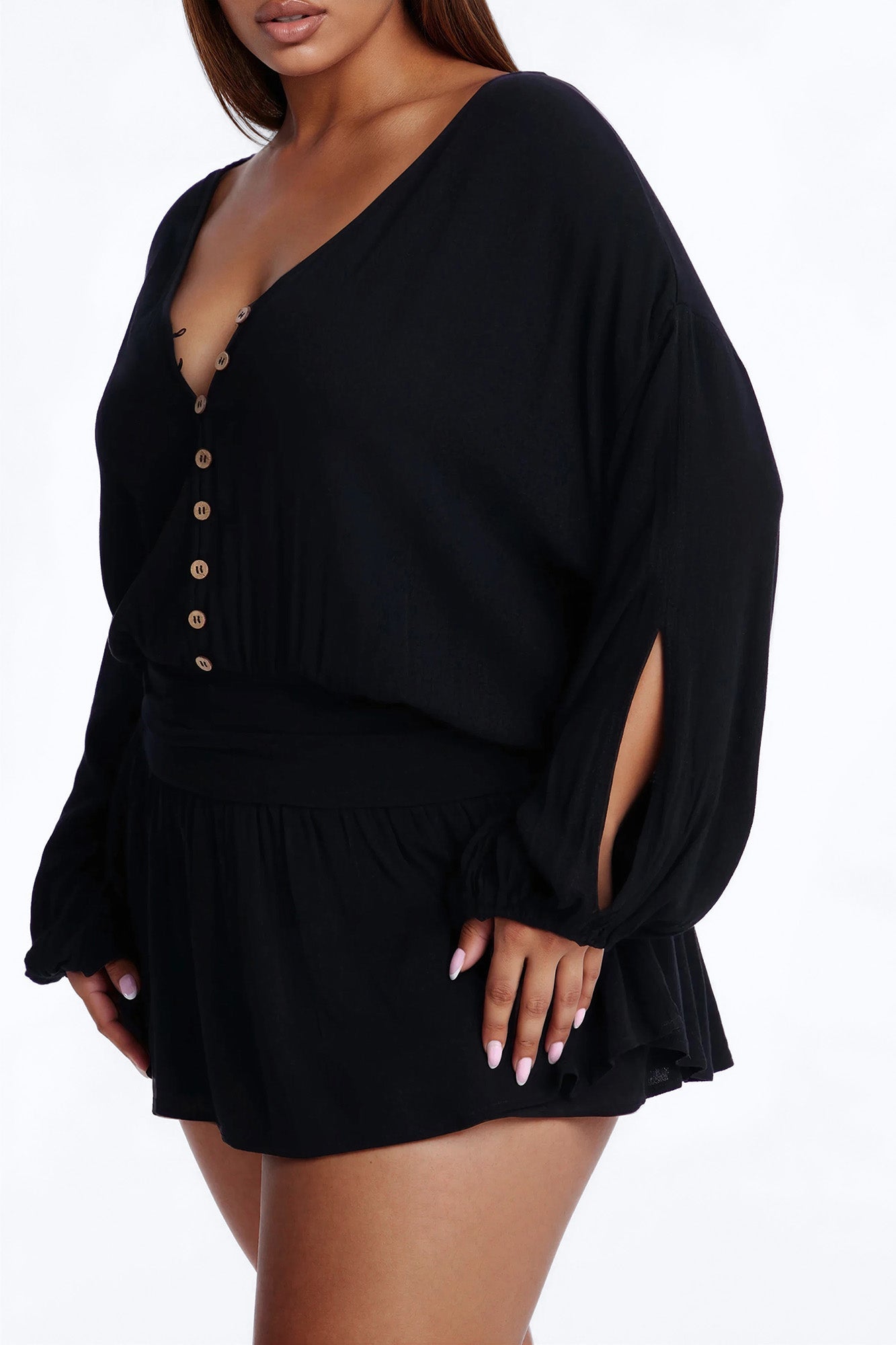 Layna Long Sleeve Flowy Romper - Black