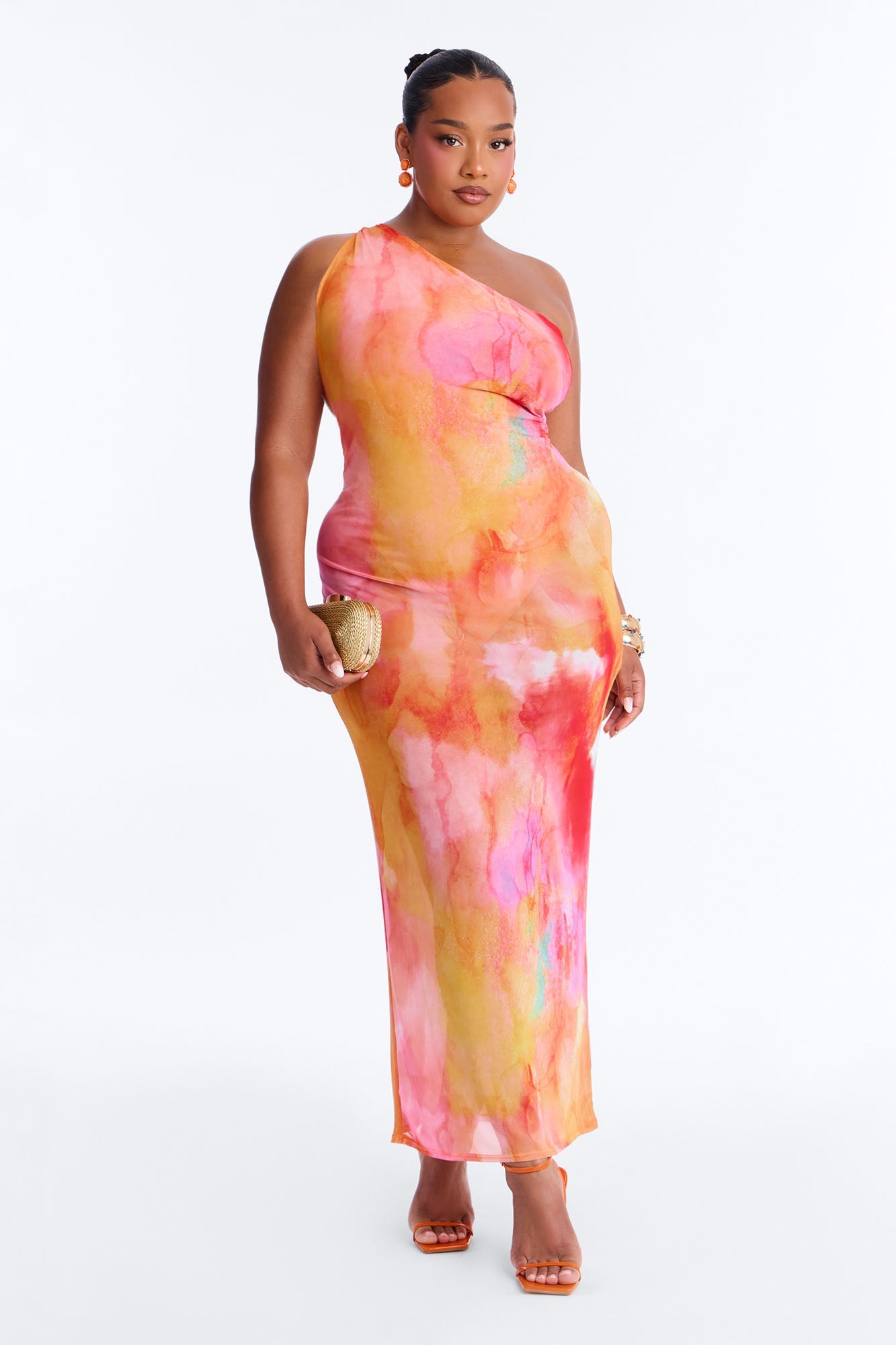 Macy One Shoulder Sheer Maxi Dress - Orange/combo