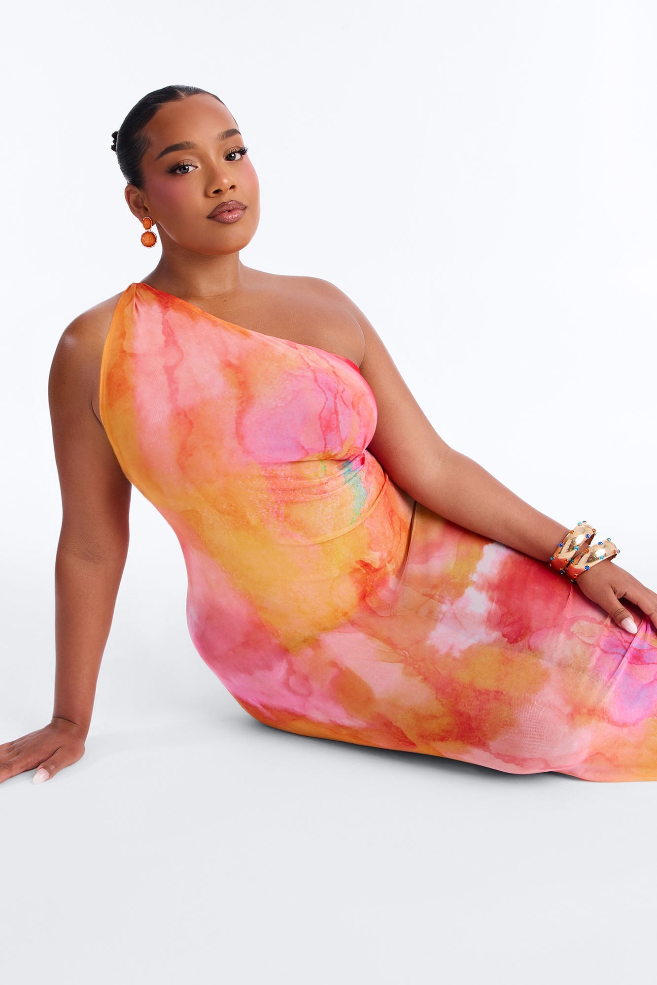 Macy One Shoulder Sheer Maxi Dress - Orange/combo