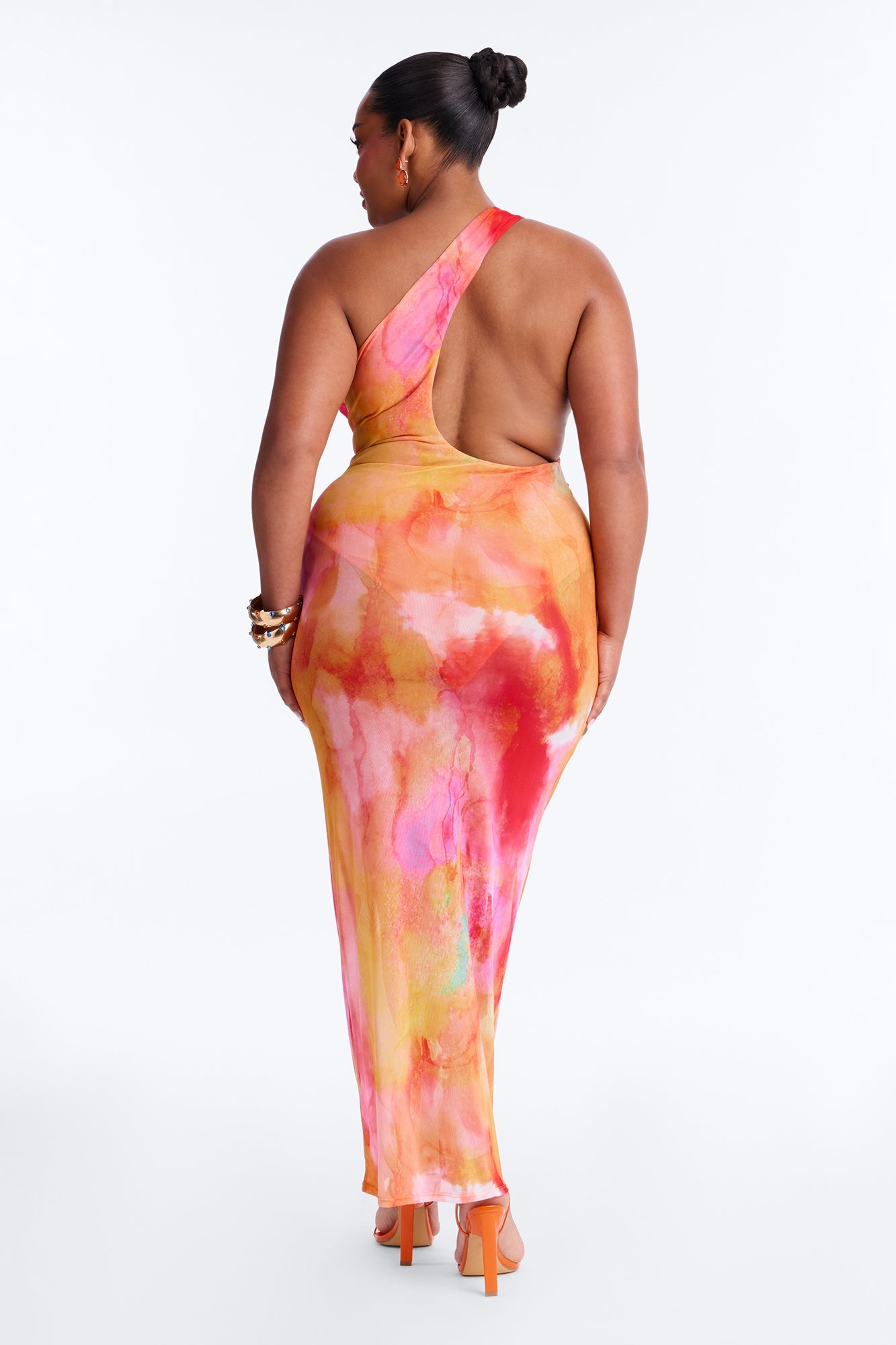 Macy One Shoulder Sheer Maxi Dress - Orange/combo