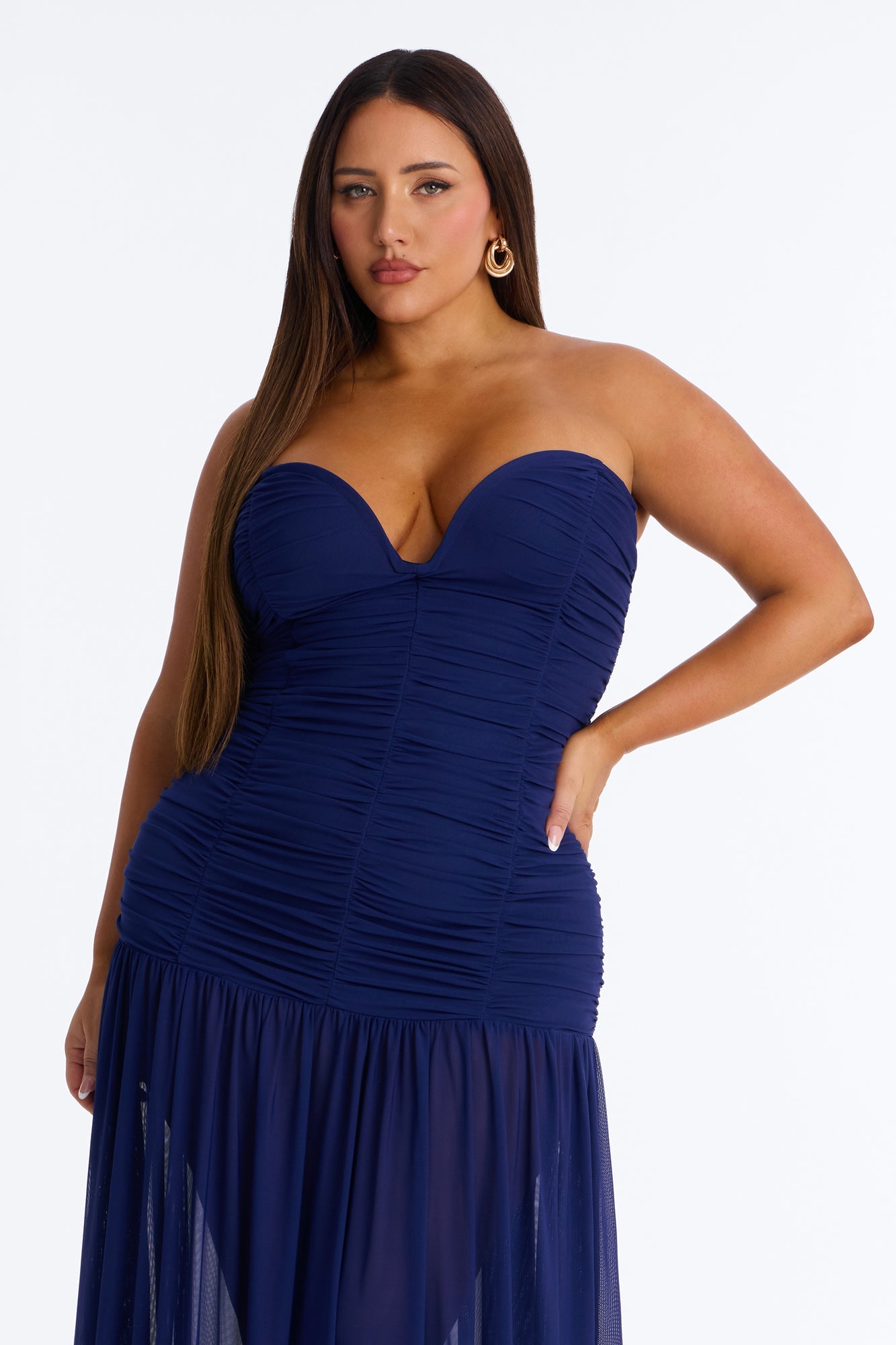Soft Glam Ruched Mesh Gown - Navy