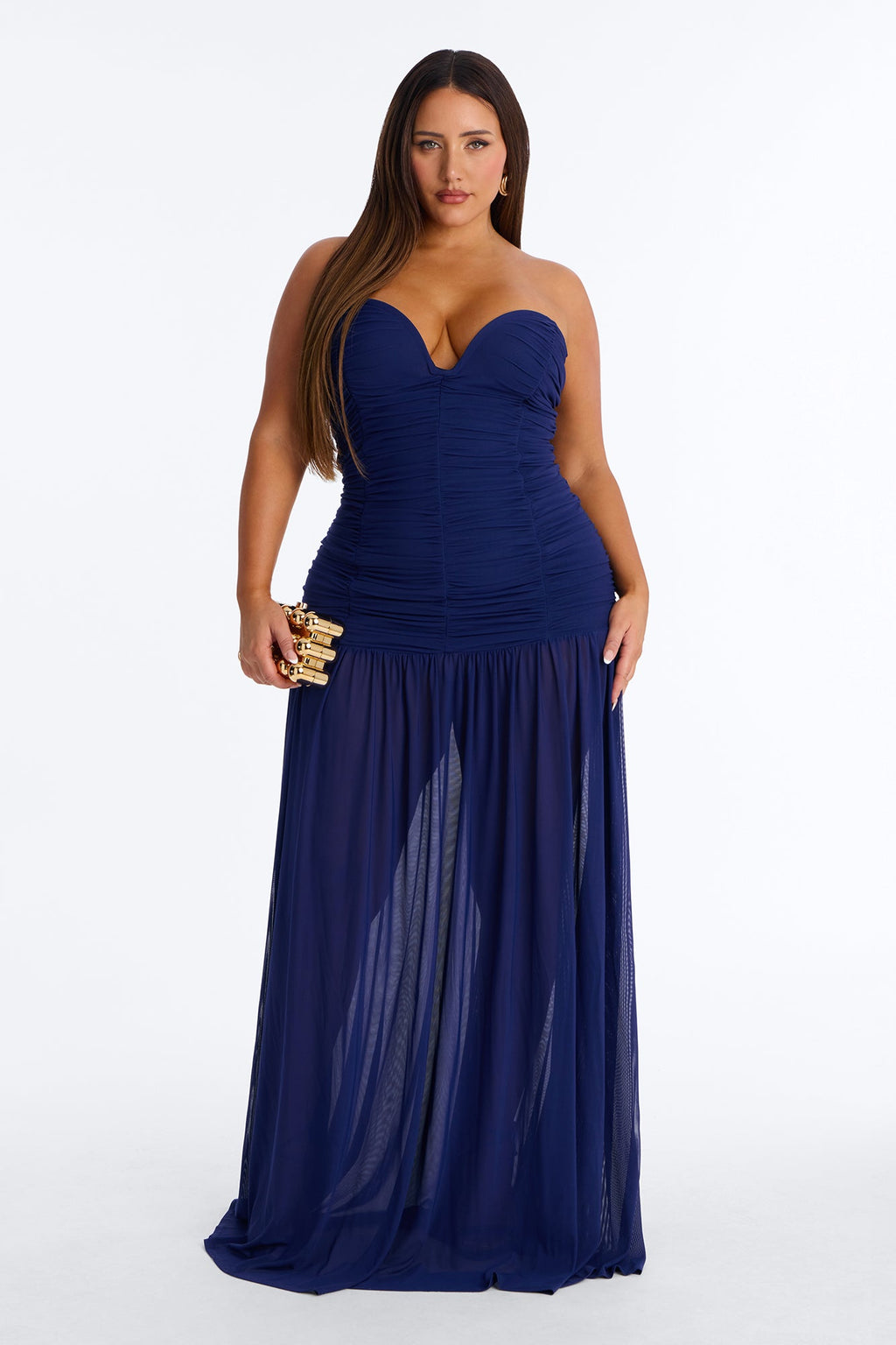 Soft Glam Ruched Mesh Gown - Navy
