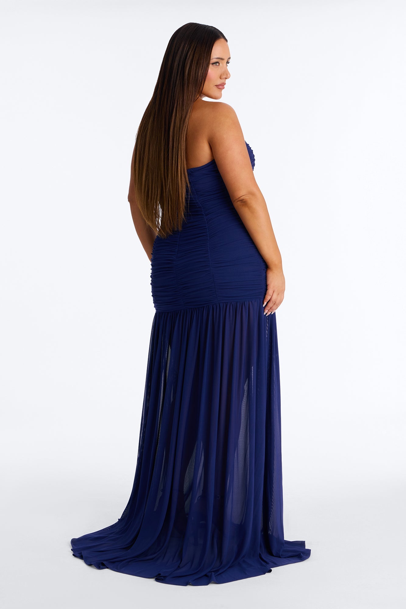 Soft Glam Ruched Mesh Gown - Navy