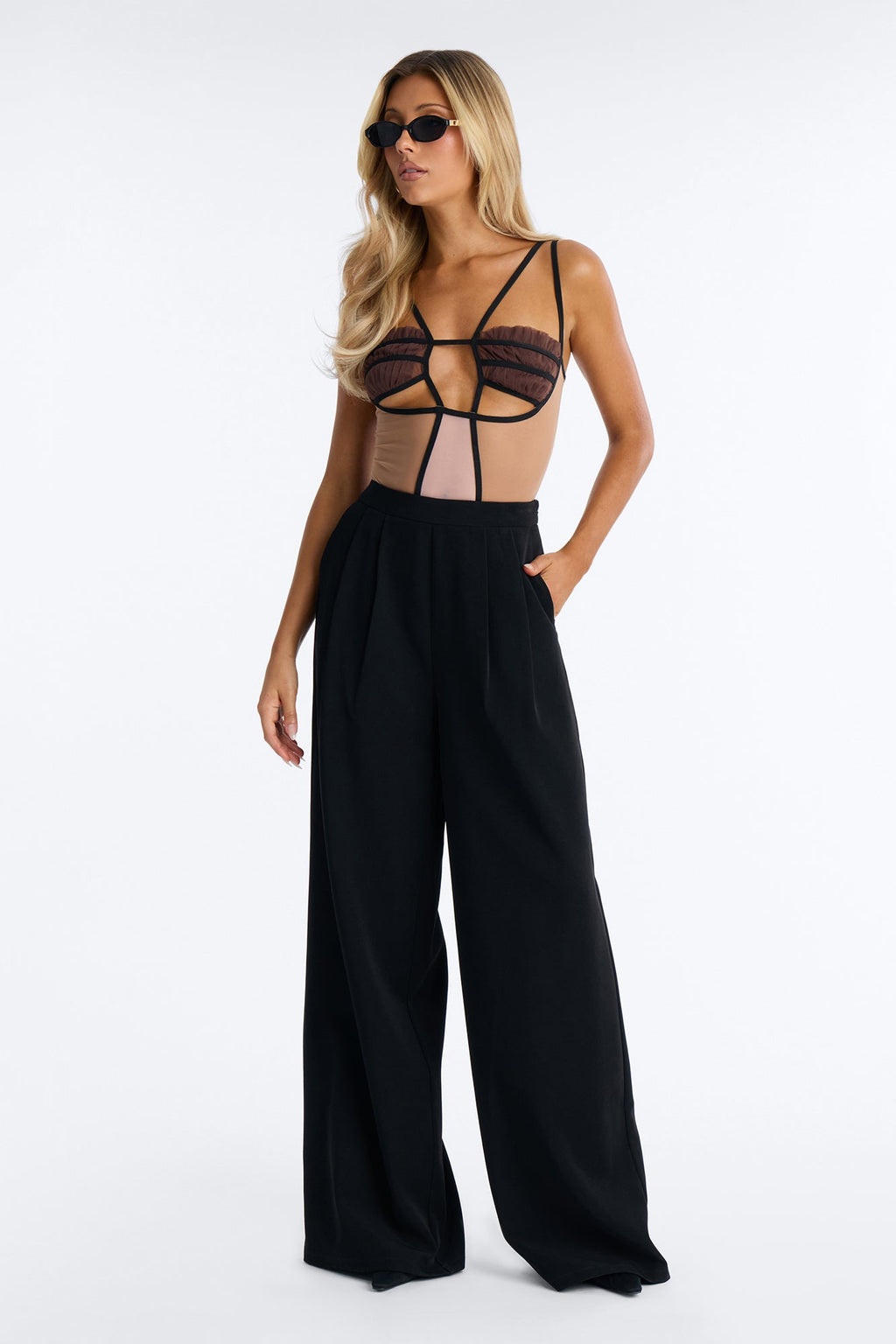 Cleo Colorblock Mesh Bodysuit - Brown/combo