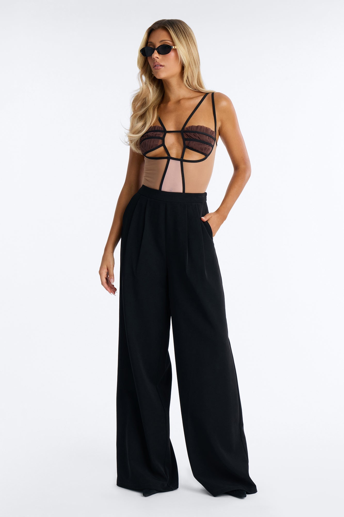 Cleo Colorblock Mesh Bodysuit - Brown/combo