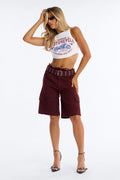 Valerie Cargo Cut Off Waistband Denim Shorts - Wine