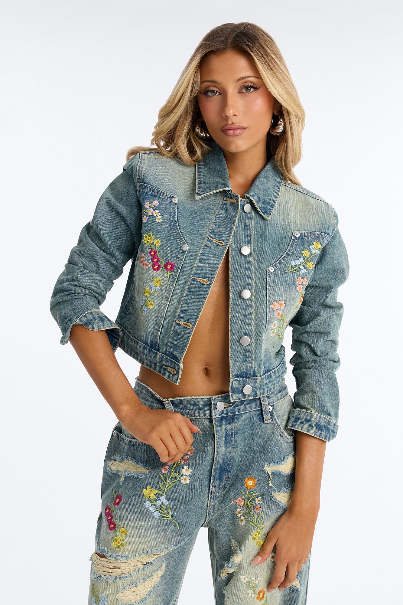 Enchanted Garden Embroidered Denim Jacket - Vintage Wash