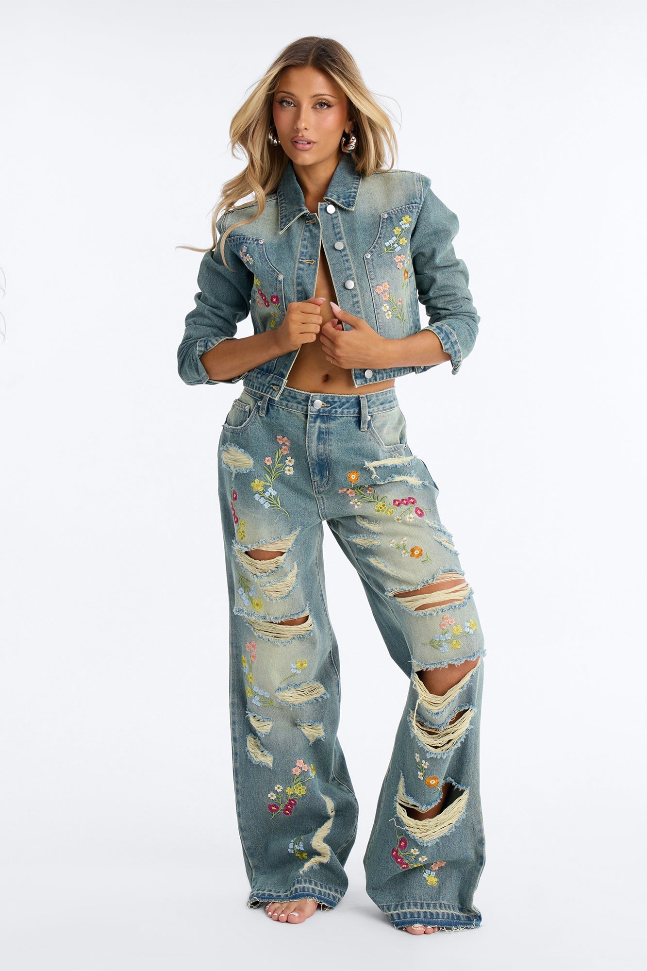 Enchanted Garden Embroidered Denim Jacket - Vintage Wash