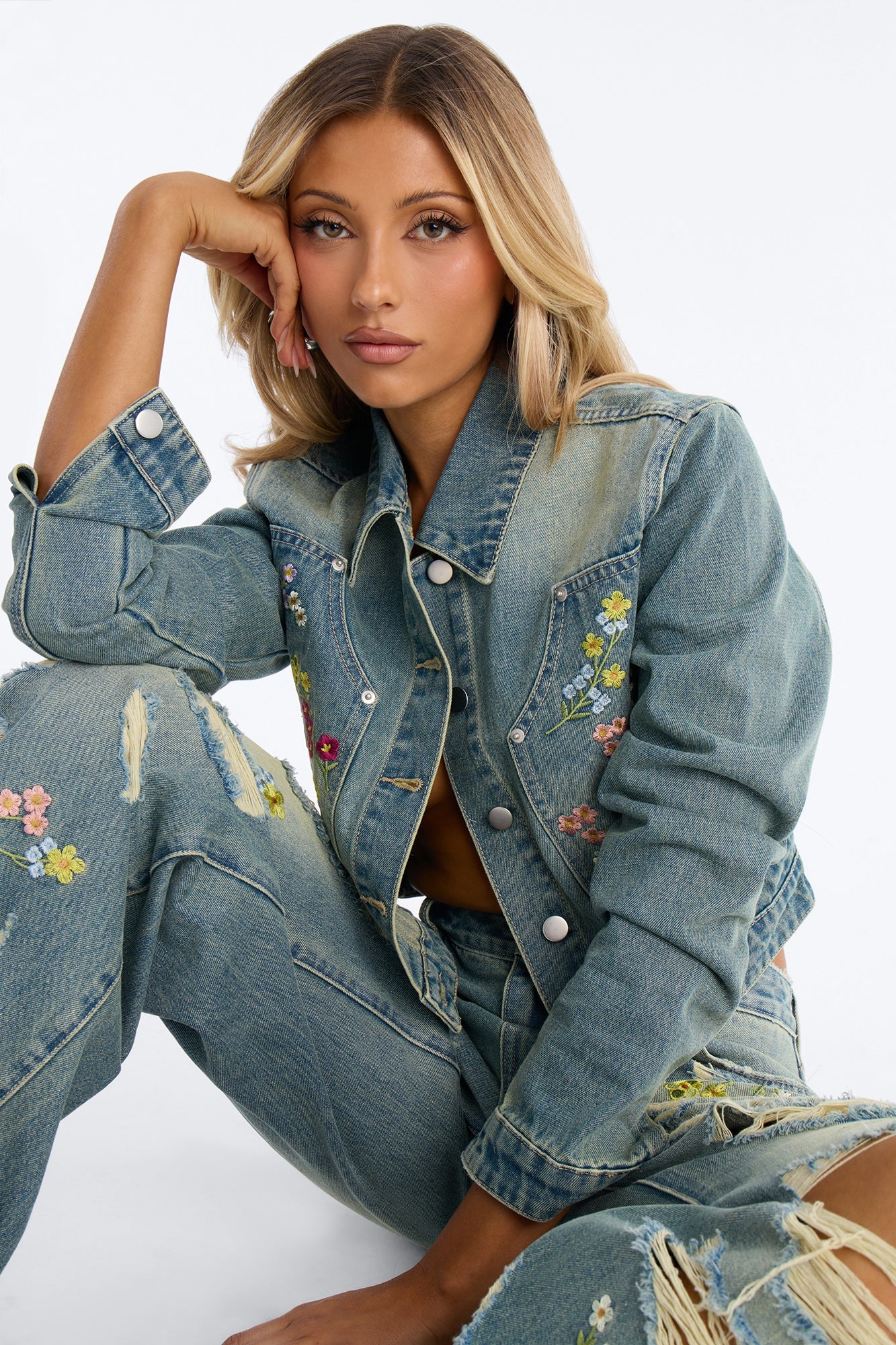 Enchanted Garden Embroidered Denim Jacket - Vintage Wash