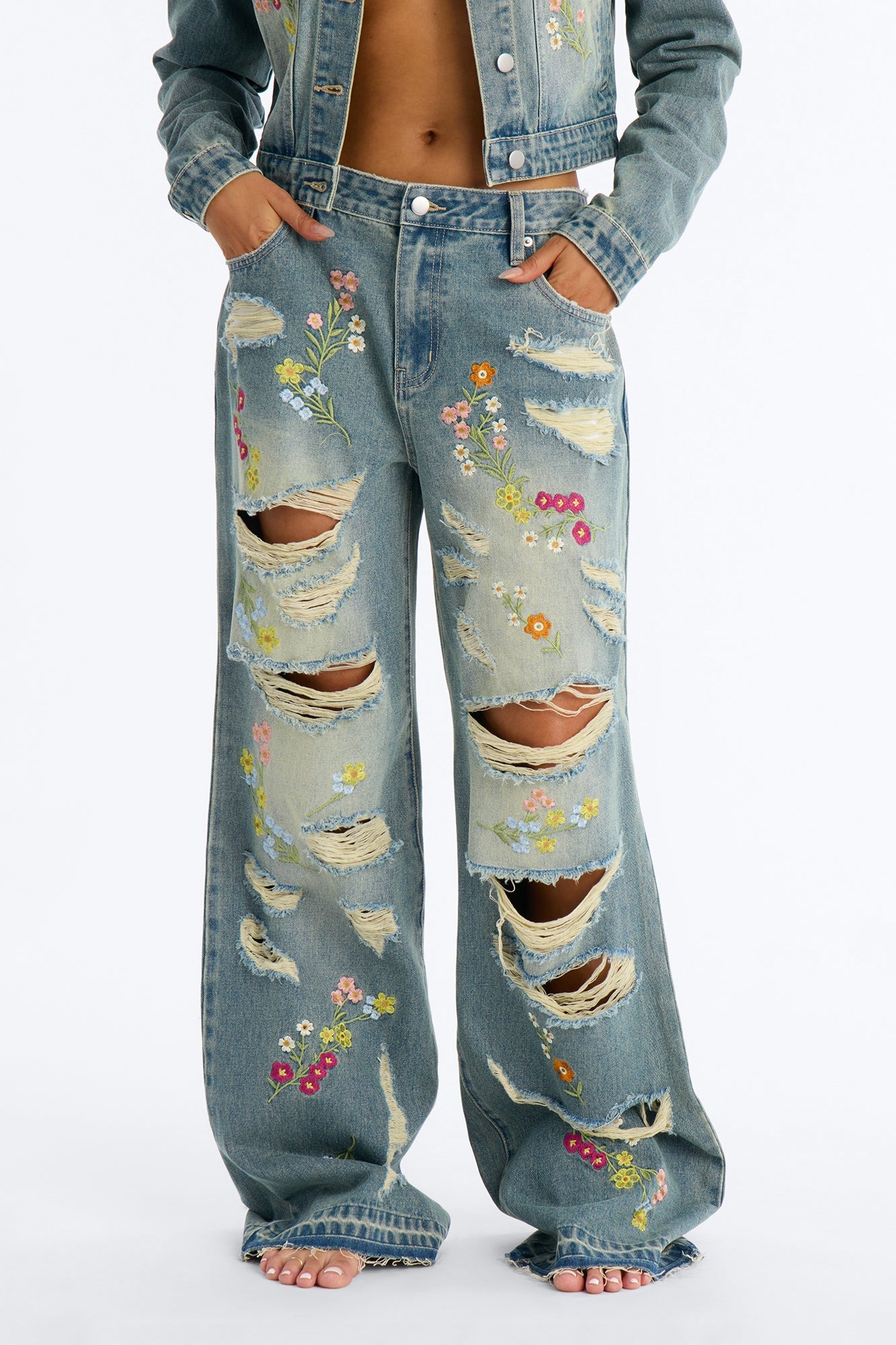 Enchanted Garden Embroidered Ripped Jeans - Vintage Wash