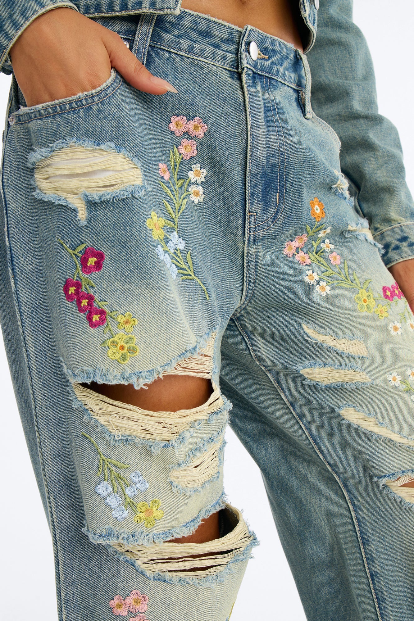 Enchanted Garden Embroidered Ripped Jeans - Vintage Wash