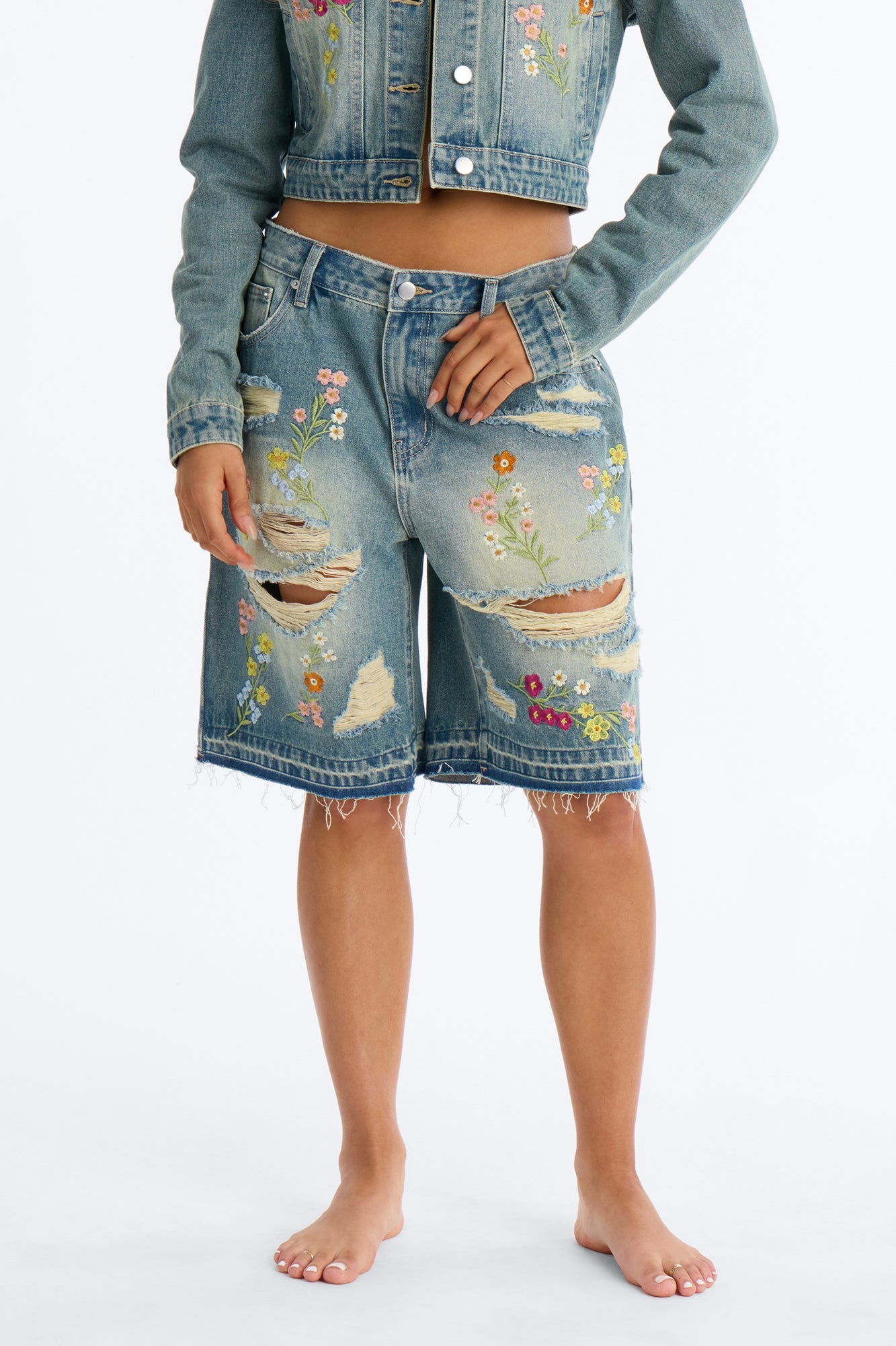 Enchanted Garden Embroidered Bermuda Shorts - Vintage Wash