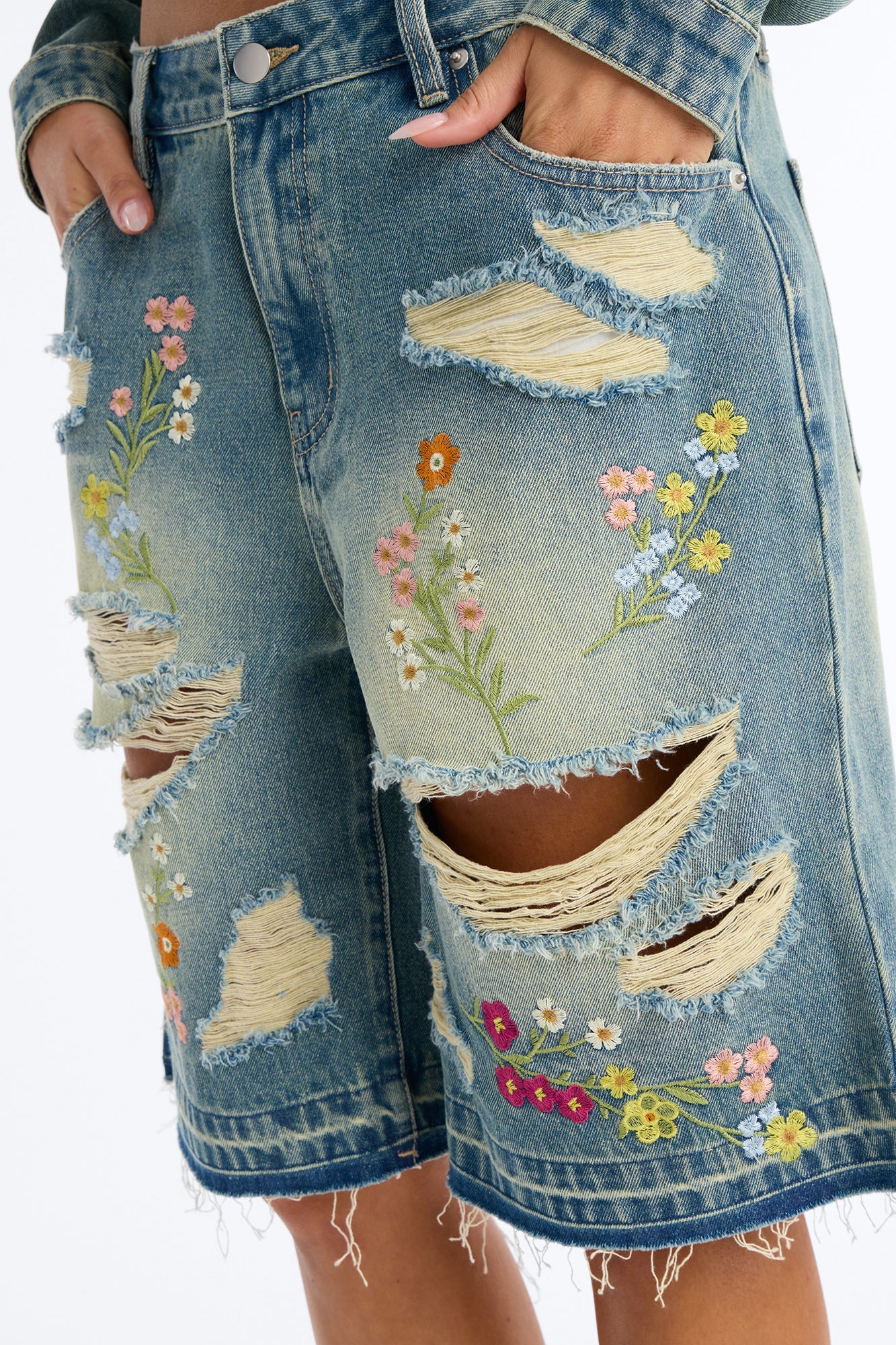 Enchanted Garden Embroidered Bermuda Shorts - Vintage Wash