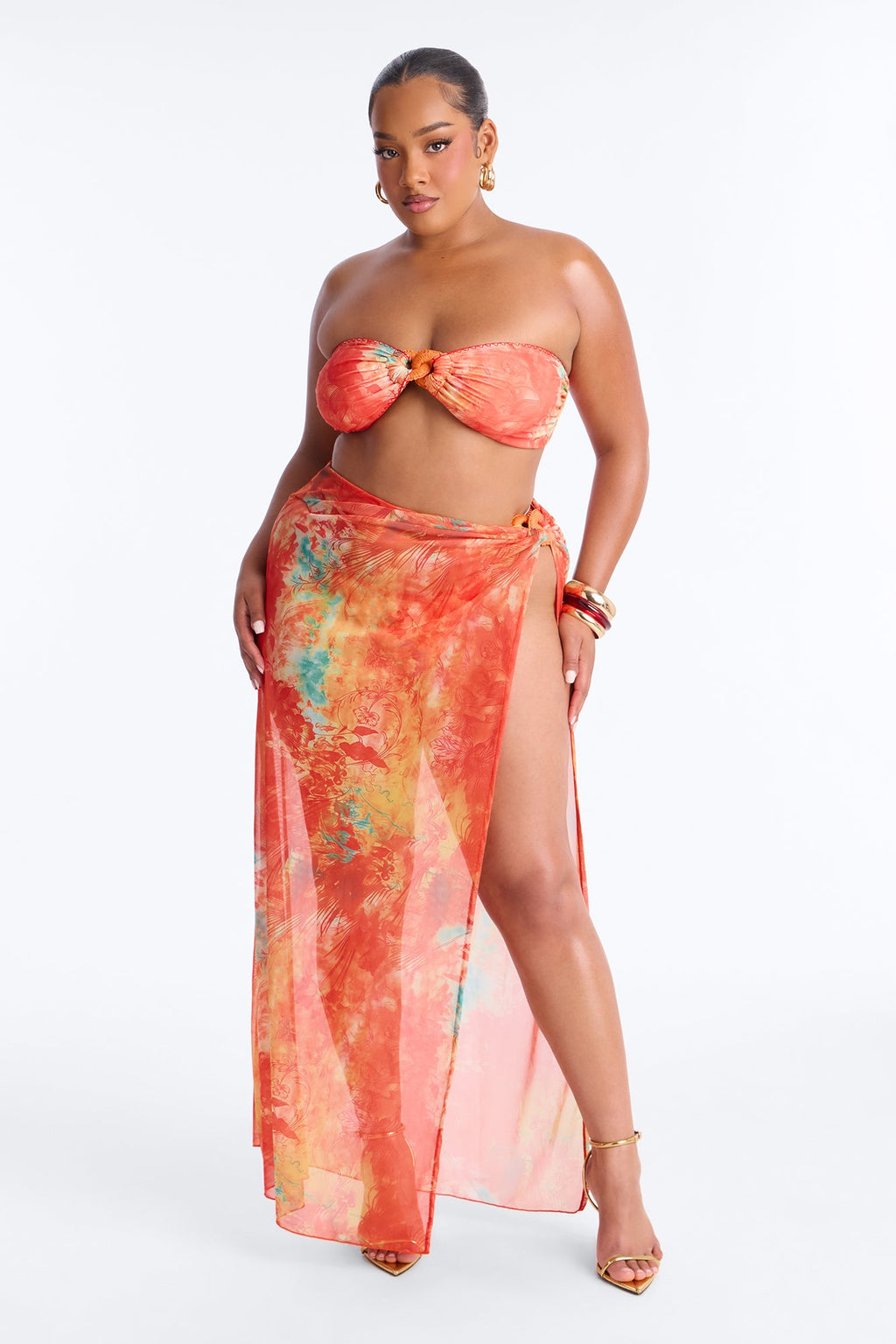 Sunset Swim 1 Piece Swimsuit & Skirt - Orange/combo