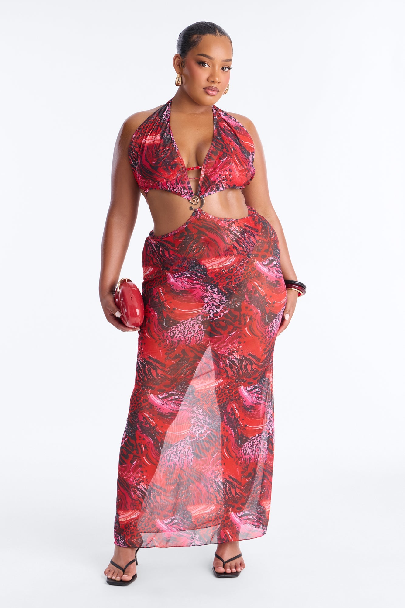 Azure Aura Mesh Beaded 3 Piece Bikini Dress Set - Red/combo