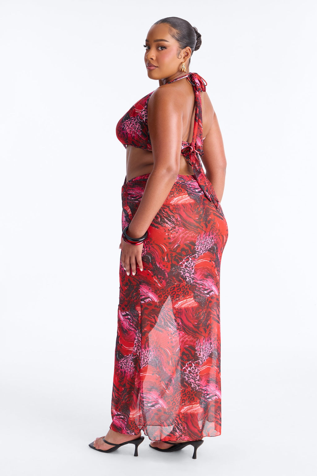 Azure Aura Mesh Beaded 3 Piece Bikini Dress Set - Red/combo