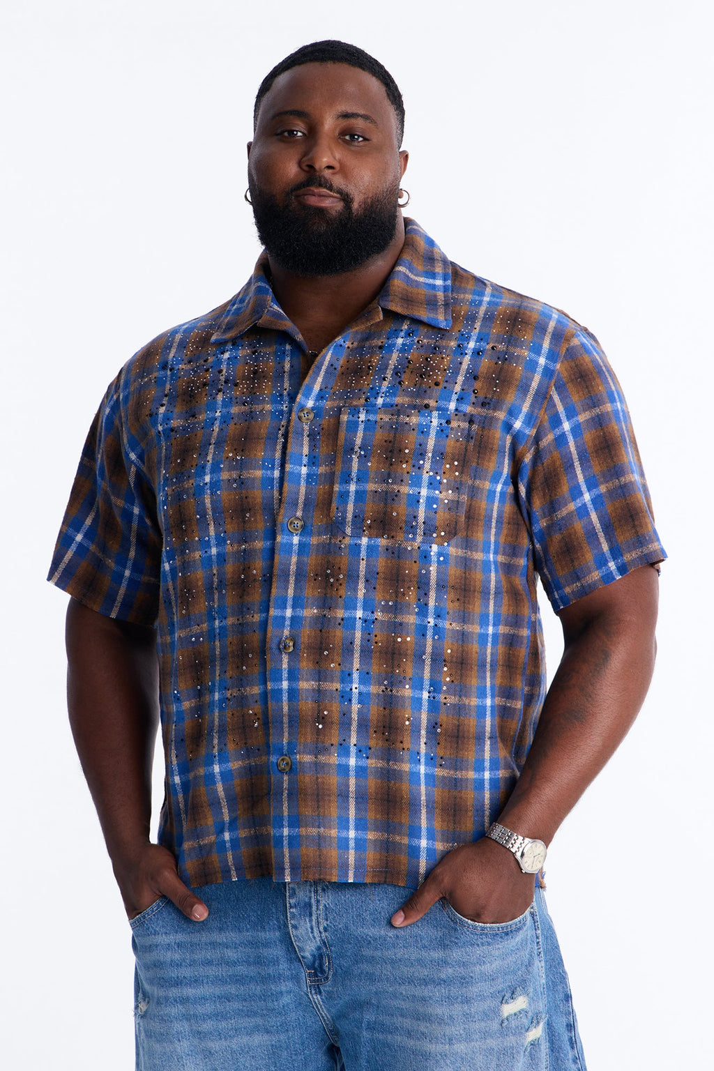 Jeweled Plaid Raw Hem Button Up Shirt - Blue