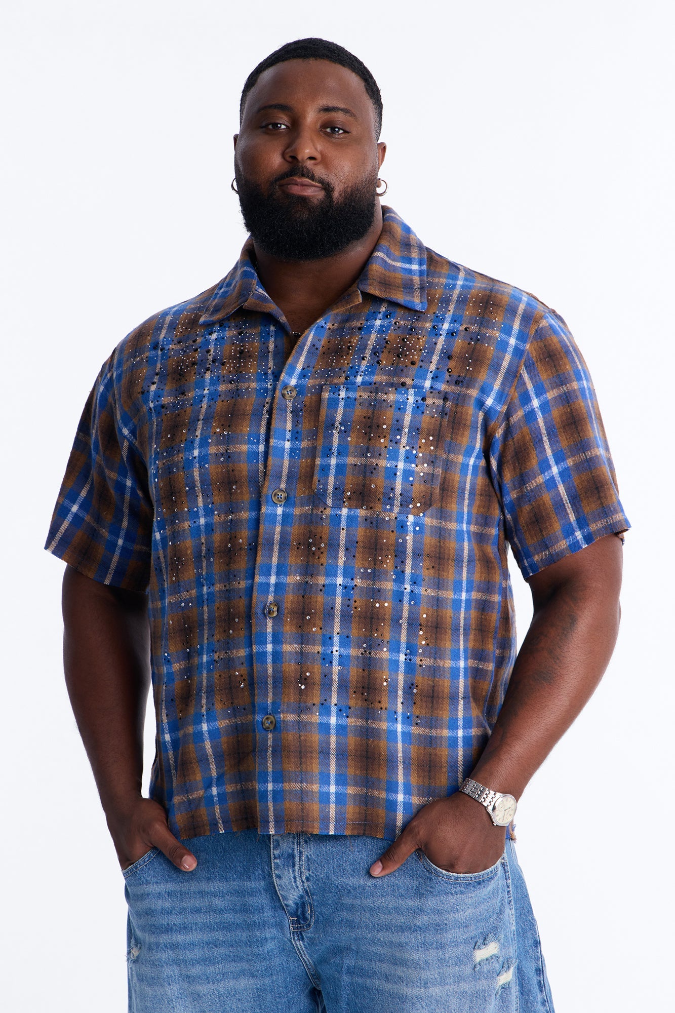 Jeweled Plaid Raw Hem Button Up Shirt - Blue