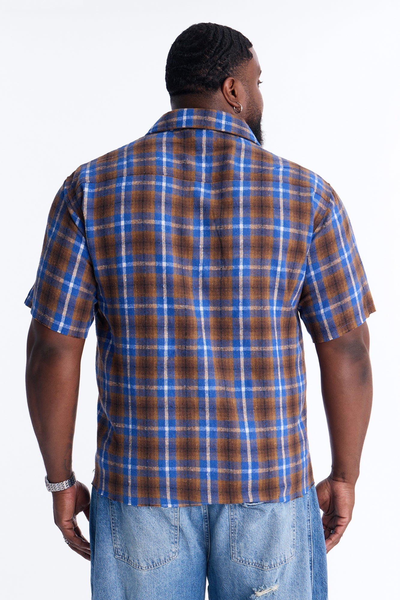Jeweled Plaid Raw Hem Button Up Shirt - Blue