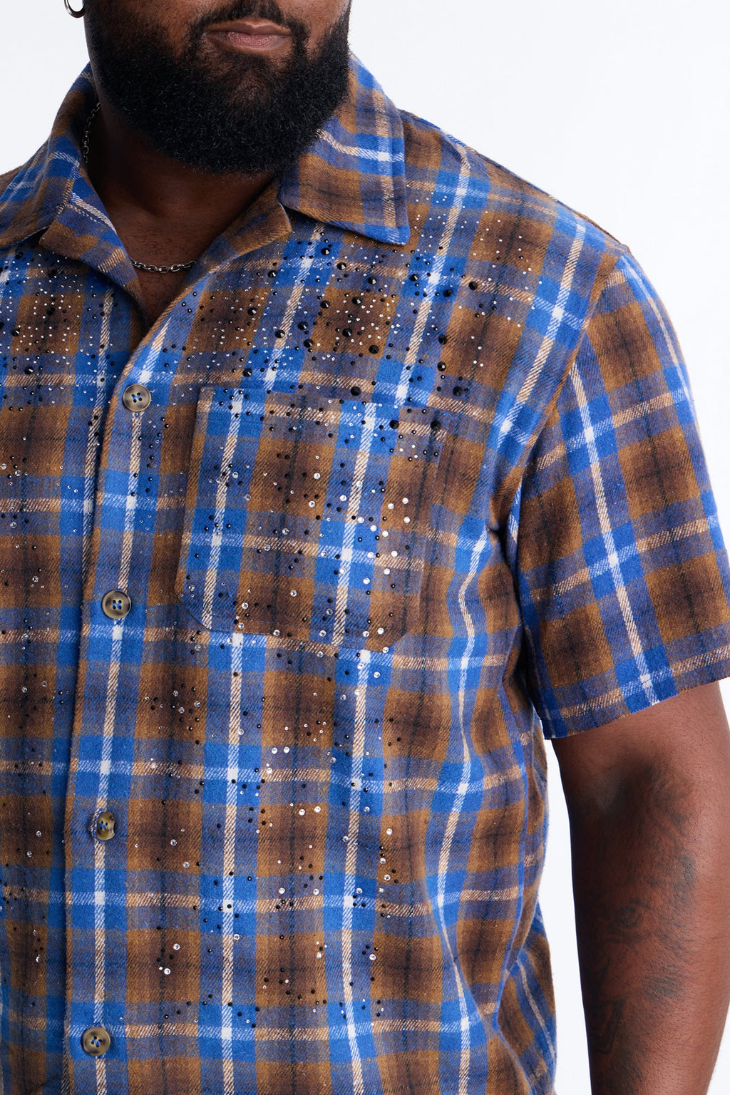 Jeweled Plaid Raw Hem Button Up Shirt - Blue
