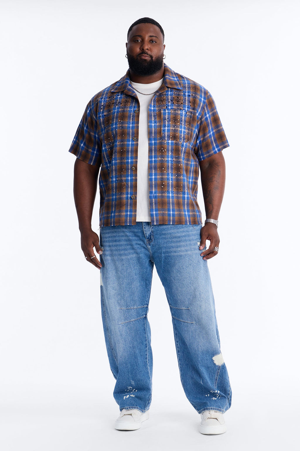 Jeweled Plaid Raw Hem Button Up Shirt - Blue