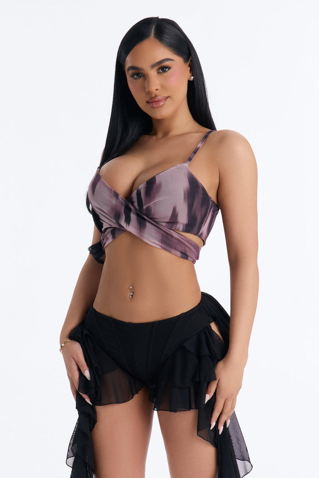Wanderlust Mesh Tie Cropped Tank Top - Purple/combo