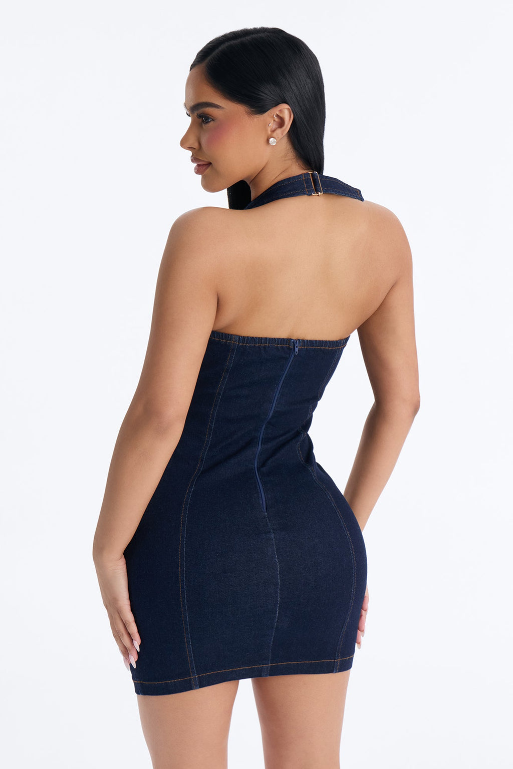 Jae Rae Halter Stretch Denim Micro Mini Dress - Dark Wash