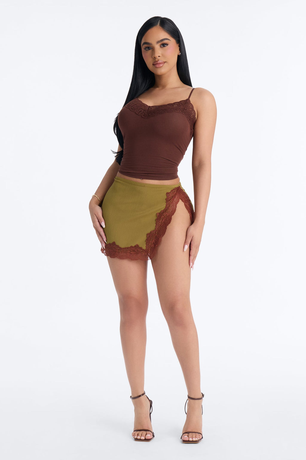 Ayla Lace Trim Basic Cami Top - Chocolate