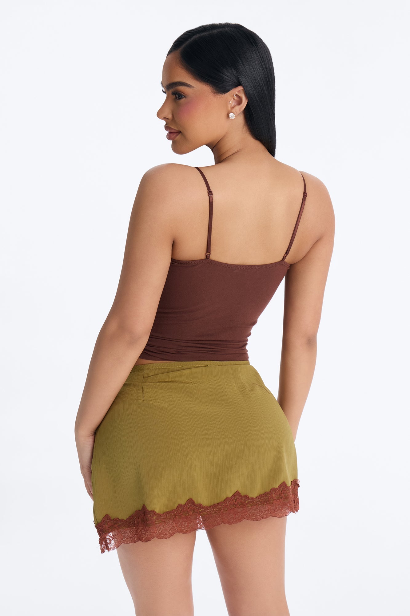 Ayla Lace Trim Basic Cami Top - Chocolate