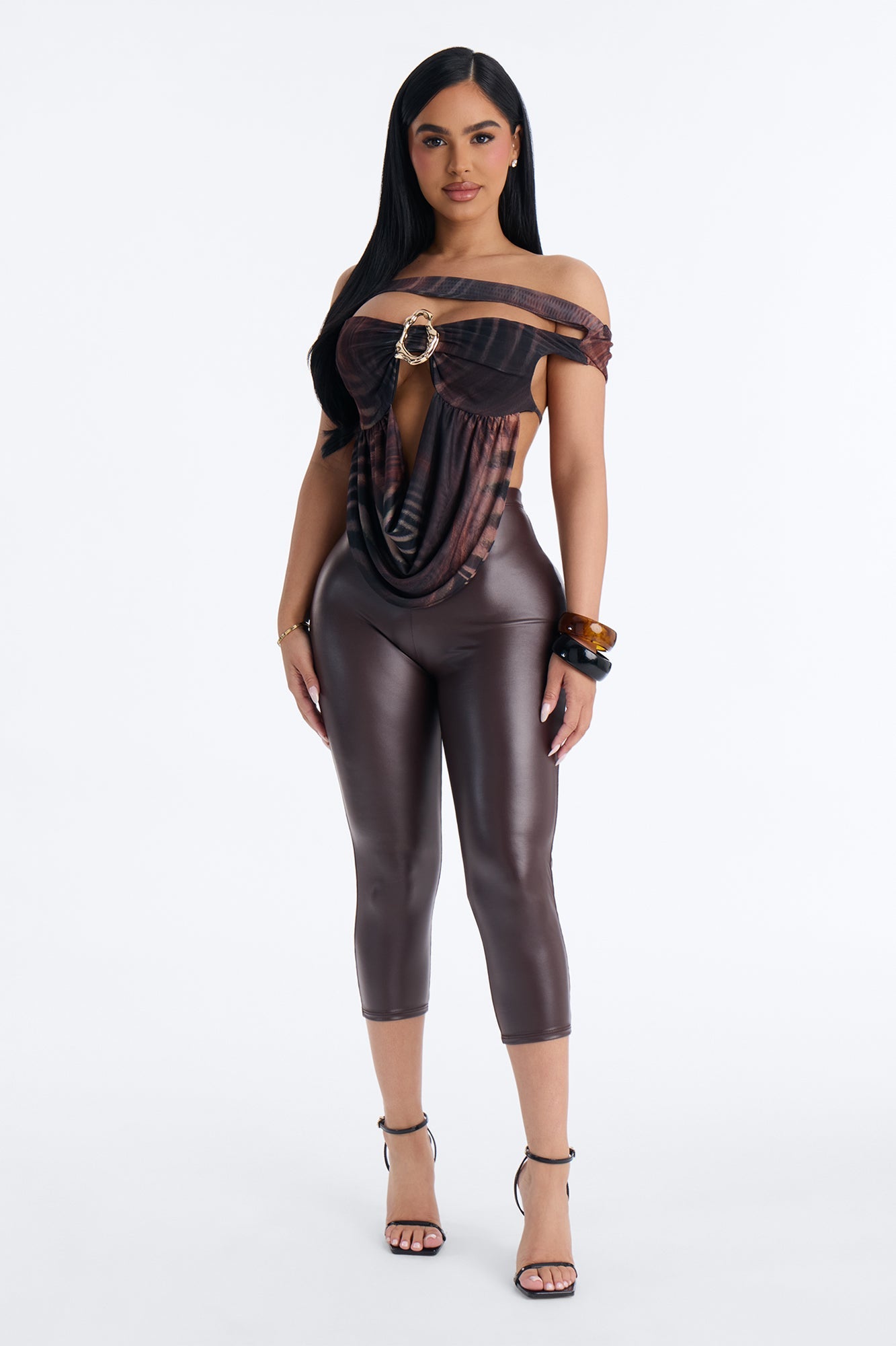 Wild Dusk Mesh Off Shoulder Cut Out Top - Brown/combo