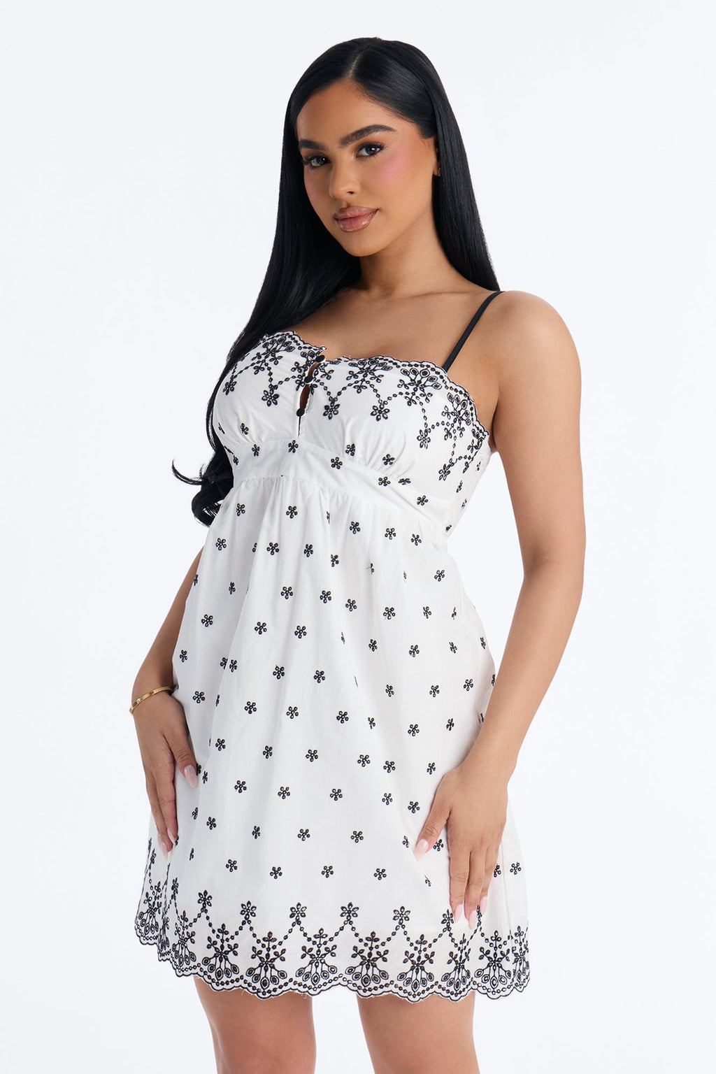 Sophia Embroidered Eyelet Babydoll Mini Dress - White/Black