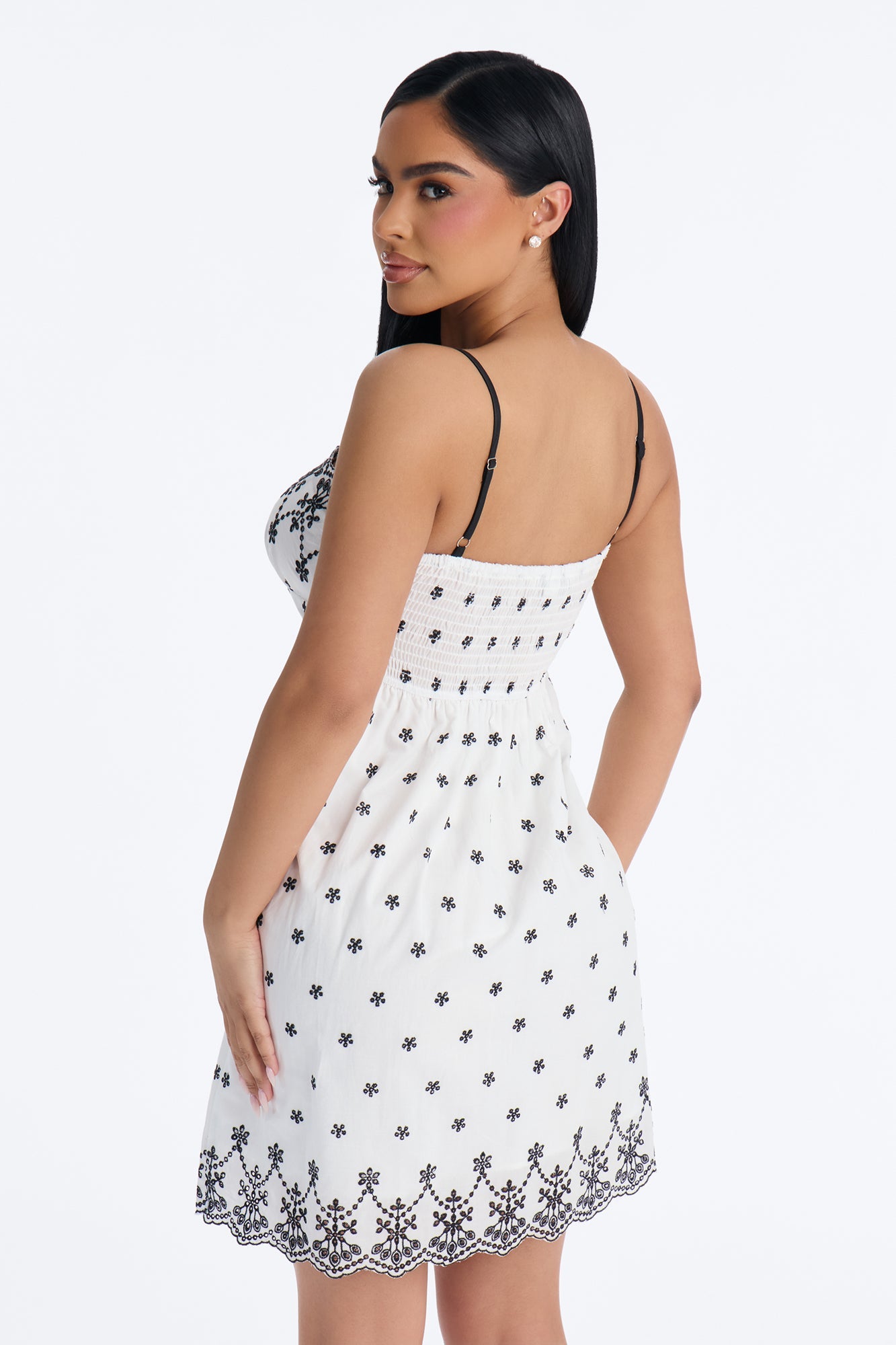 Sophia Embroidered Eyelet Babydoll Mini Dress - White/Black