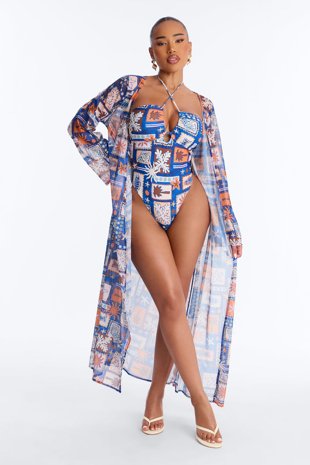 Monique Geometric Criss Cross Halter 2 Piece Bikini Kimono Set - Blue/combo
