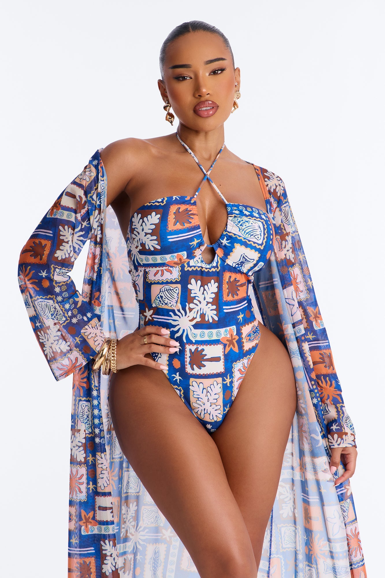 Monique Geometric Criss Cross Halter 2 Piece Bikini Kimono Set - Blue/combo