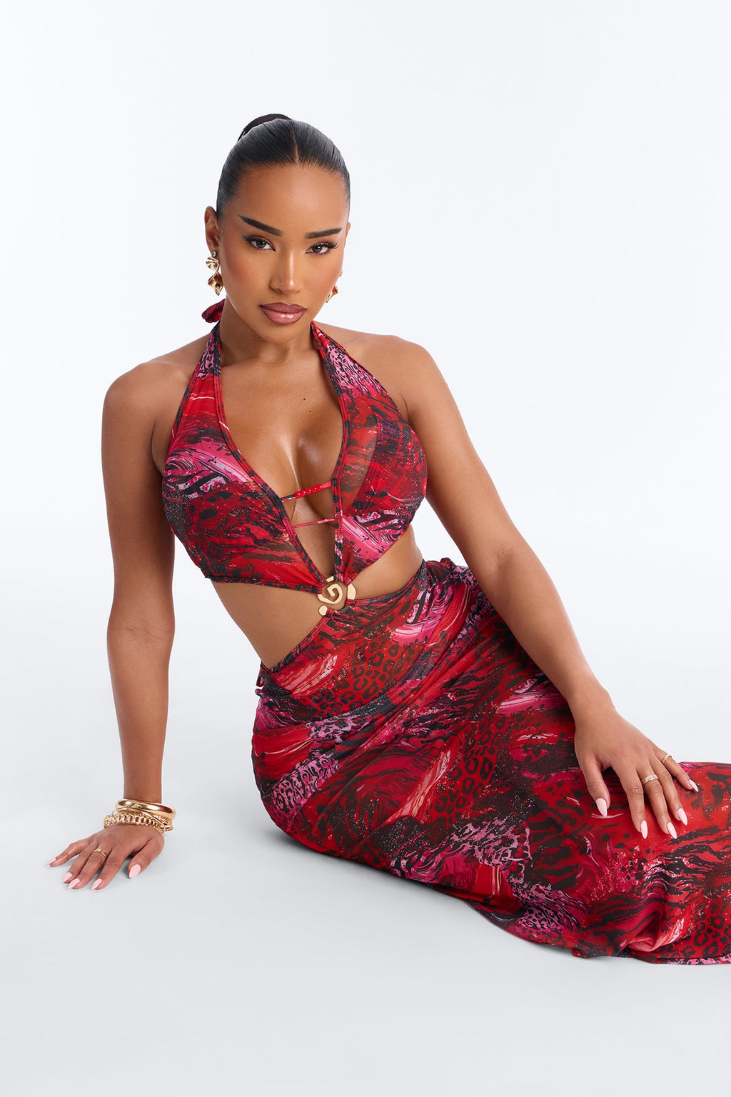 Azure Aura Mesh Beaded 3 Piece Bikini Dress Set - Red/combo