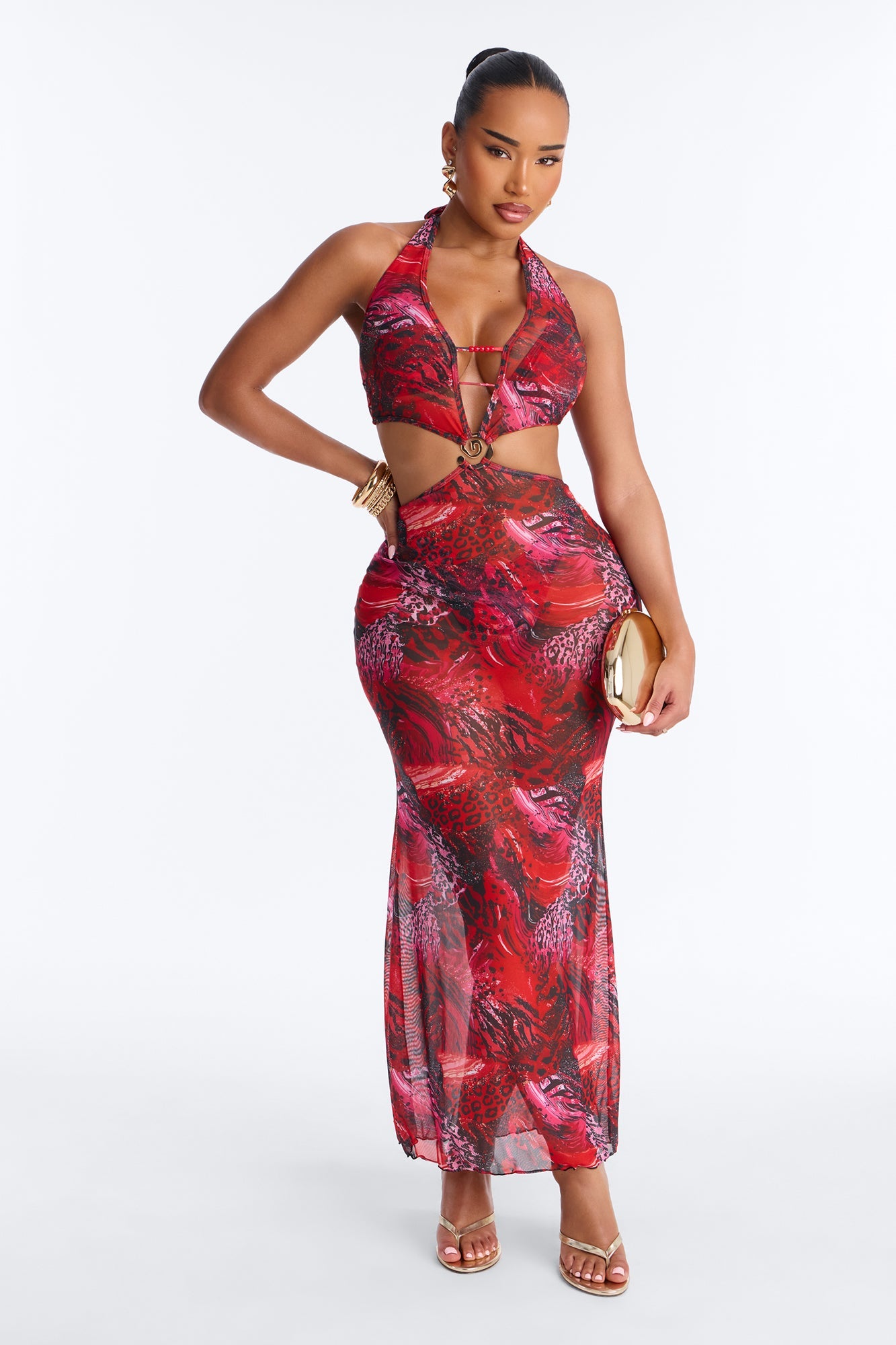 Azure Aura Mesh Beaded 3 Piece Bikini Dress Set - Red/combo