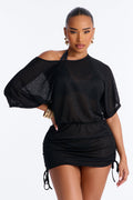 Cozy Up Summer Morning Side Ruching Swim Cover Up Dress - Black